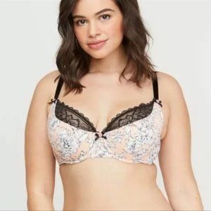 Cacique 42G Lightly Lined French Balconette Bra Pink White Floral Lace